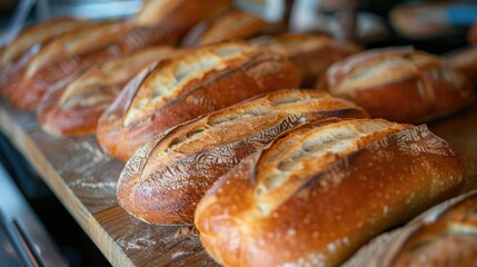 Freshly baked bread in the bakery shop. Selective focus.