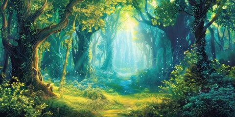 Enchanting Fantasy Forest Background with Graceful Fairies and Ancient Trees
