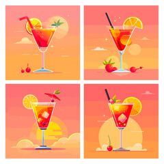 Sunrise sunset cocktails concept, summer beach alcohol cocktail party freshness margarita or martini with lemon strawberry cherry, tropical soda drinks set vector illustration - 799942983