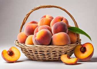Basket of peaches with slices isolated 