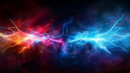 Abstract digital art of a dynamic clash between red and blue electric currents against a cosmic background.