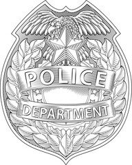 A police badge shield star sheriff cop crest emblem or symbol motif with eagle in a vintage woodcut style.