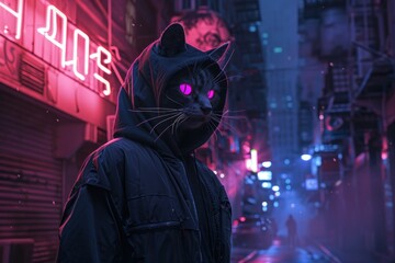 Black cat with glowing purple eyes wearing black hoodie and jacket standing in the street of a cyberpunk city, with neon lights creating a dystopian environment with a dark blue and pink color theme.