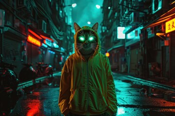 Anthropomorphic cat with glowing green eyes wearing streetwear standing in the middle of a cyberpunk alleyway at night. Cinematic and atmospheric lighting with neon lights.