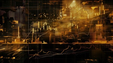 A dynamic composition of financial stock market figures and data overlaying on a cityscape backdrop in gold and black tones.