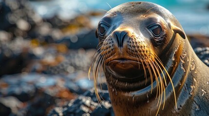 Closeup shot of the sea lion's face with its eyes sparkling. It stands on rocks of an ocean shore in Galapagos Island. The camera focuses on its long wavy moustache which adds to its cute appearance. 