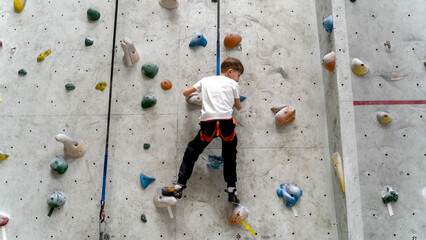 a boy or girl on a climbing wall climbs the wall of a climbing wall