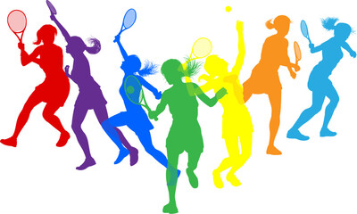 Silhouette tennis women female players set. Active sports people healthy players fitness silhouettes concept.
