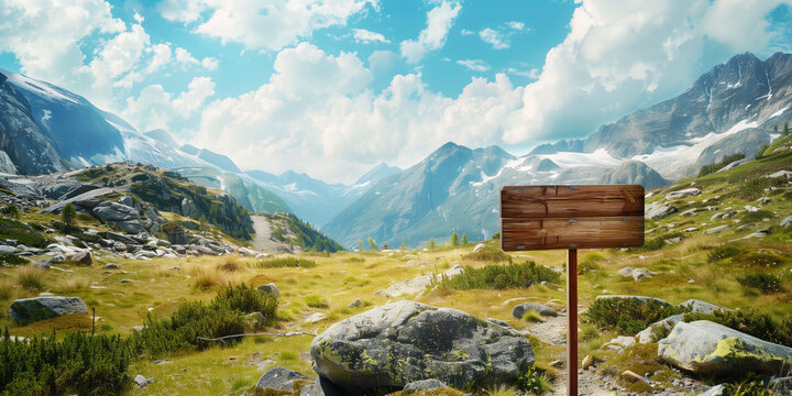 Scenic Alpine landscape with lush greenery, a wooden signpost, and distant snow-capped peaks.