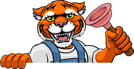 A tiger plumber cartoon mascot holding a toilet or sink plunger peeking round a sign