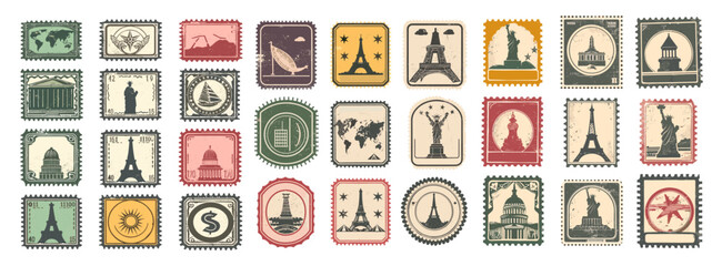 Vintage stamps grunge icons, travel postage stamp with sights of countries for mail postcard departure stickers, antique mark journey attractions in frames set vector illustration - 799944144
