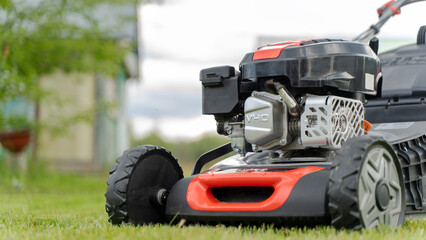 Obraz premium A girl with a lawnmower mows the lawn in the garden