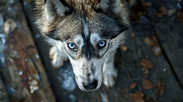Portrait of a husky dog with blue eyes on a wooden background