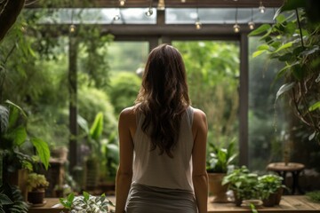 Woman Enjoying Nature in Greenhouse