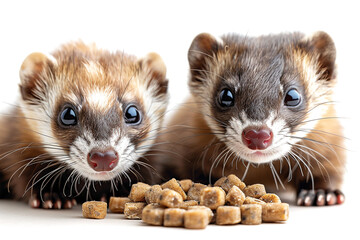 A pair of playful ferrets nibbling on a variety of nutritious ferret pellets.