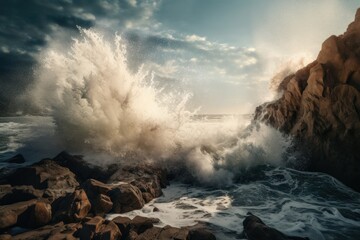 Powerful ocean waves crashing against rocky coastline