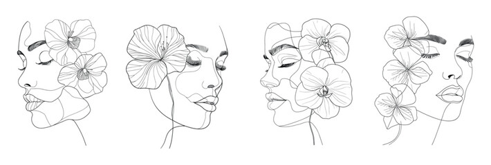 Woman face with flowers continuous one line style, female head portrait outline minimalist linear lady sketch cosmetic salon concept art hand drawn drawing set vector illustration - 799945346