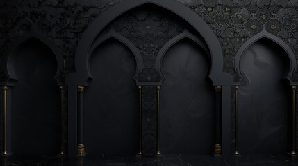 Luxurious dark textured wall with ornate golden and black arches and intricately patterned background.
