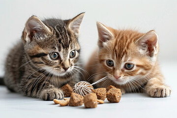 A pair of playful kittens batting around a ball of string next to a pile of crunchy chicken-flavored treats.