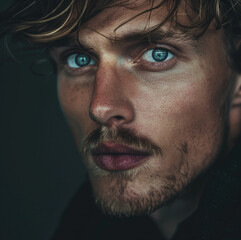 Obraz premium scandinavian man 30 years old, islandic model, emotional, fashion, editorial photo, close up,cinamatic, esthetics, studio shot, light skin