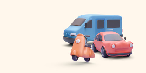 Delivery van, car and scooter in realistic style isolated on light background. Vector illustration