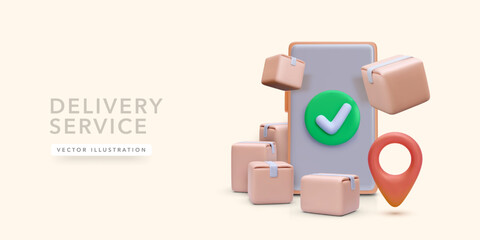 Fast delivery service concept in realistic style with phone, parcel, pointer. Vector illustration