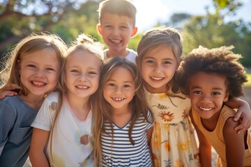 Kids having fun outdoors in summer. Group portrait of happy little school children in the park. Bunch of cheerful friends posing and looking at the camera and smiling