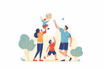 Family playing with a ball illustration. Flat illustration of family playing basketball. Isolated white background