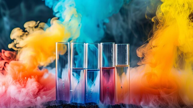 Vibrant chemical reaction in glass beaker: colorful laboratory experiment with reactants producing dynamic patterns, scientific discovery concept