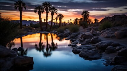 Serene desert oasis at sunset