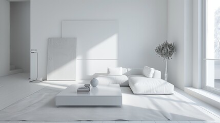 Minimalistic modern living room in monochrome white with sleek furniture and natural light.