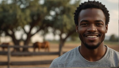 african guy smiling looking at camera portrait with outdoor ranch farm background from Generative AI