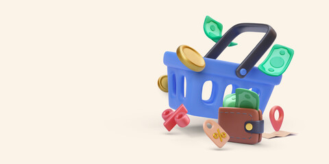 Shopping concept in realistic style with basket, wallet, dollars, discount, coins, map. Vector illustration
