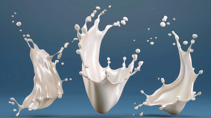 Dynamic splashes of milk captured in motion against a blue background, displaying fluid shapes and droplets.