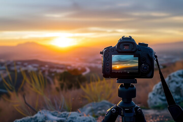 DSLR camera photographing a sunset landscape