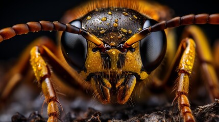 Ultra close-up image highlighting the detailed facial structure of a wasp with tiny water droplets adding texture and contrast.