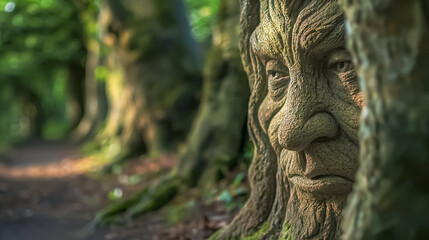 Large Old Tree Trunk with Human Face Sculpture, CloseUp. Earthy, Organic, Etherial. Bark Cracks, Serene Expression. Surreal Mystical Enchanted Park Alley. Sustainability, Ecology, Voice of Nature
