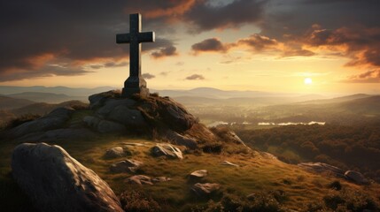 Dramatic Sunset Landscape with Cross