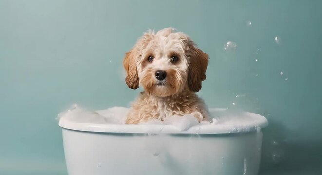 Cute puddle puppy dog in a small bathtub bathing with soap foam and bubbles looking at camera while soap bubbles are blowing through the air