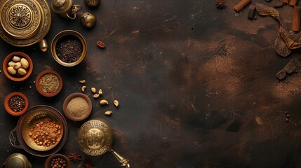 Richly detailed flat lay of various spices and vintage utensils on a dark textured background