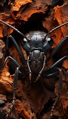 A close up photograph of a black ant on a tree trunk.