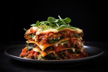 Delicious homemade vegetarian lasagna with fresh greens