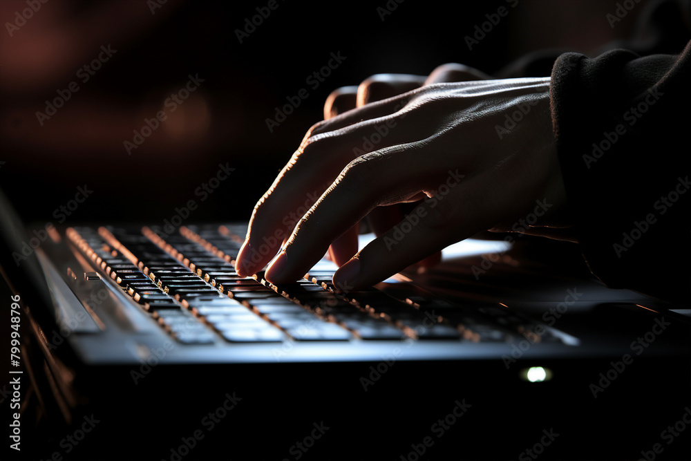 Poster generated with ai image of man hands typing on a laptop keyboard