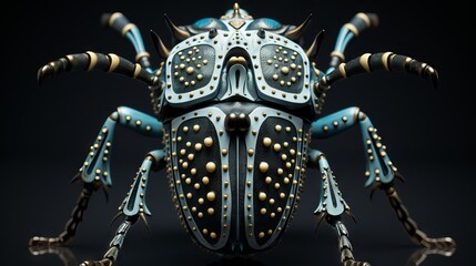 A digital rendering of a steampunk beetle with blue and gold accents.