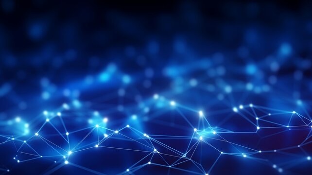 Futuristic network of nodes and lines on a dark blue background, suitable for technology-themed events or presentations.