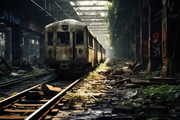 Abandoned Train in Overgrown Urban Landscape