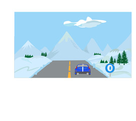 Paysage de neige avec route et panneau routier,  chaines obligatoires,  et voiture vue de dos