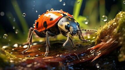 Obraz premium A photo of a ladybug on a leaf in the rain.