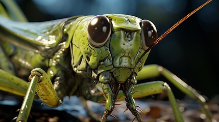 A realistic 3D rendering of a green katydid looking at the camera.