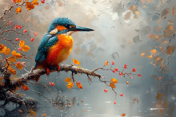 A curious kingfisher perched on a branch over a clear stream, its beady eyes fixed on the glint of fish below.